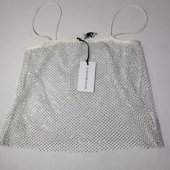 WeWoreWhat White Modern Statement Date Night Rhinestone Mesh Tank Top Size XXS - Picture 1 of 10